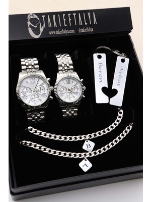 Northwatch Özel Kutuda Metal Çift Kol Saati, Isimli Çift Anahtarlık, Özel Künye Sevgili Kombini