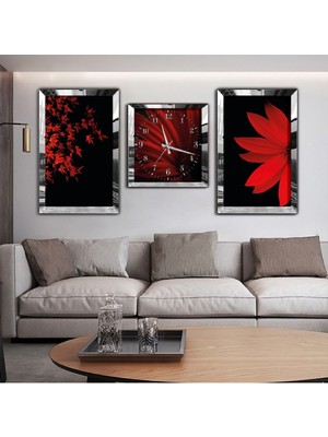 Kırmızı Çiçek Aynalı Gümüş Pleksi Çerçeveli Mdf Tablo Ve Saat Seti