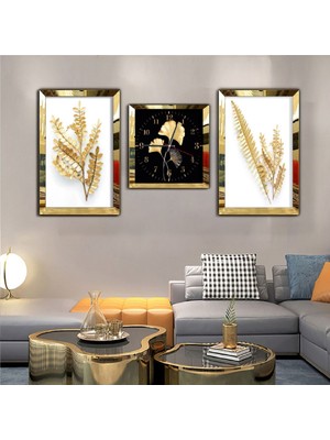 Zevahir Mobilya Dekorasyon Buğday Çiçeği Aynalı Gümüş Pleksi Çerçeveli Mdf Tablo Ve Saat Seti