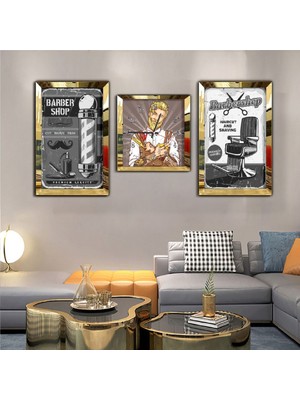 Zevahir Mobilya Dekorasyon Erkek Berberi Aynalı Gümüş Pleksi Çerçeveli Mdf Tablo Ve Saat Seti