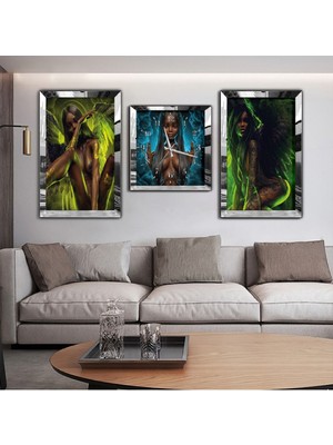 Sanal Dünya Aynalı Gümüş Pleksi Çerçeveli Mdf Tablo Ve Saat Seti