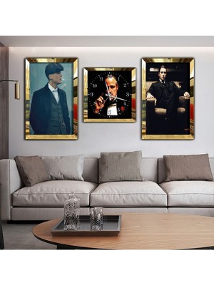 Zevahir Mobilya Dekorasyon Mafya Aynalı Gümüş Pleksi Çerçeveli Mdf Tablo ve Saat Seti