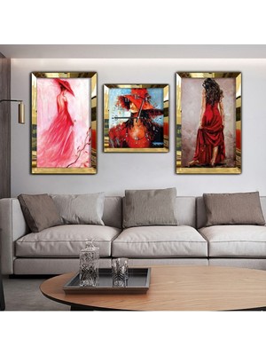 Zevahir Mobilya Dekorasyon Genç Kadın Aynalı Gold Pleksi Çerçeveli Mdf Tablo Ve Saat Seti