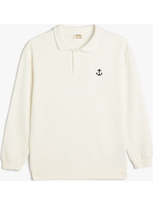 Koton Polo Yaka Sweatshirt Çapa Işlemeli Uzun Kollu Pamuklu