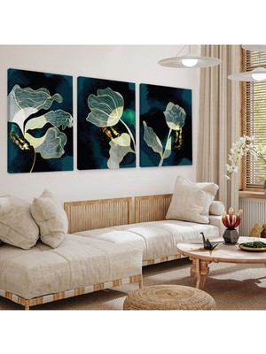 Bitki Soyut Desen 3'lü Kanvas Tablo