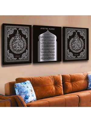 Zevahir Mobilya Dekorasyon 3'lü Kanvas 50 X 70 Cm Ayetel Kürsi Tablosu