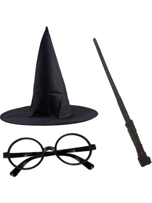 Feifei Harry Potter Siyah Şapkası Harry Potter Gözlüğü Harry Potter Asası 3 Lü Set