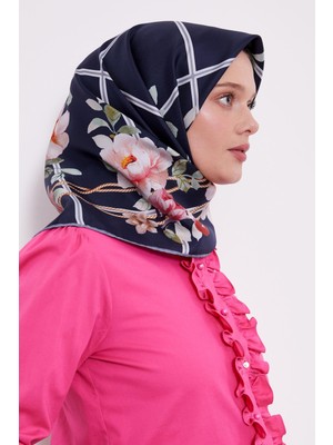 Lêvi D'or Lacivert Köşe Gül Desen Twill İpek Eşarp