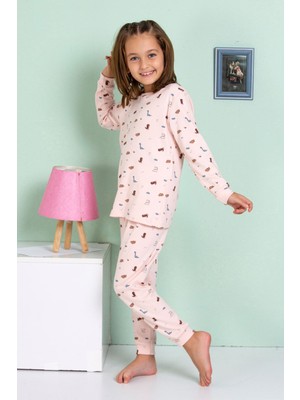 Elmp Pudra Dinazor Desenli %100 Pamuk Kız Çocuk Pijama Takımı 1-9 Yaş 4064/19