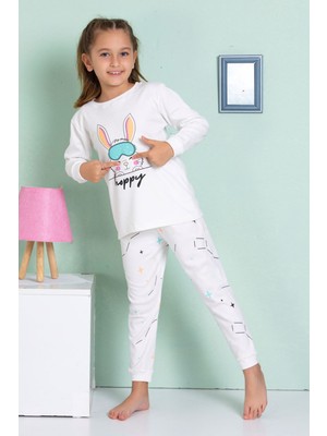 Elmp Ekru Tavşan Desenli %100 Pamuk Kız Çocuk Pijama Takımı 1-13 Yaş 4069