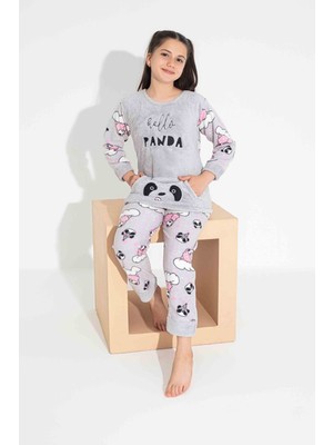 Tarp Gri Panda Nakışlı Polar Kız Çocuk Pijama Takımı 4-15 Yaş 2706-2707-2708-G