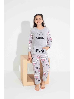 Tarp Gri Panda Nakışlı Polar Kız Çocuk Pijama Takımı 4-15 Yaş 2706-2707-2708-G