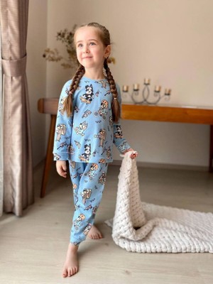 Isob Mavi Bluey Desenli Fitilli Kumaş %100 Pamuk Kız Çocuk Pijama Takımı 3-8 Yaş 31221-M