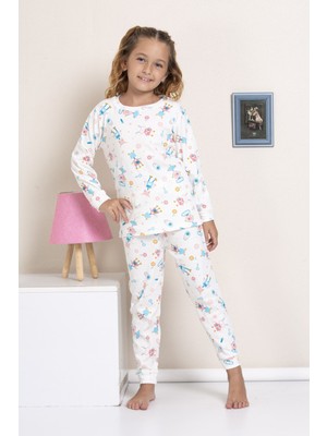 Elmp Ekru Robot Desenli Fitilli Kumaş %100 Pamuk Kız Çocuk Pijama Takımı 1-13 Yaş 4053