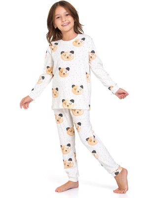 Elmp Ekru Ayıcık Desenli %100 Pamuk Kız Çocuk Pijama Takımı 1-13 Yaş 4055