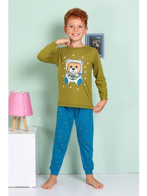 Elmp Yeşil Astronot Ayıcık Desenli %100 Pamuk Erkek Çocuk Pijama Takımı 1-13 Yaş 3061