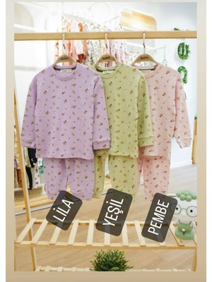 Isob Lila Çıtır Çiçek Desenli Fitilli Kumaş %100 Pamuk Kız Çocuk Pijama Takımı 3-8 Yaş 31222-L