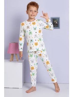 Elmp Ekru Ayıcık Desenli %100 Pamuk Erkek Çocuk Pijama Takımı 1-13 Yaş 3056