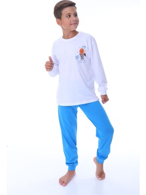 Isob Beyaz Basketbol Desenli %100 Pamuk Erkek Çocuk Pijama Takımı 8-13 Yaş 36202-B