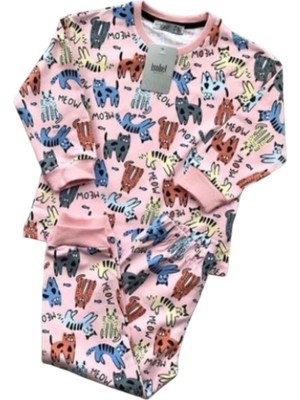 Isob Kedicik Desenli Pembe 2ip Fırçalı Kumaş %100 Pamuk Kız Çocuk Pijama Takımı 3-8 Yaş 11220-P