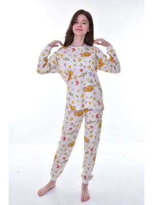 Isob Ekru Kelebek Desenli %100 Pamuk Kız Çocuk Pijama Takımı 3-12 Yaş 21242-E
