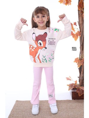 Pjk2i Bambi Desenli Pembe Fitilli Taytlı 2 Ip %100 Pamuk Kız Çocuk Takımı 3-10 Yaş 7222-P