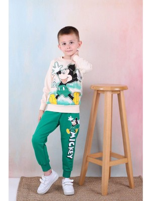 Pjk2i Mickey Mouse Desenli Koyu Yeşil 2 Ip %100 Pamuk Erkek Çocuk Eşofman Takımı 3-10 Yaş 7238-KY