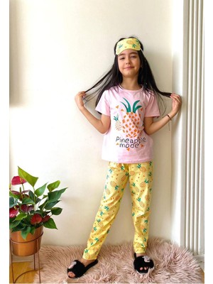 Ananas Desenli Pembe Kız Çocuk Kısa Kol Pijama Takımı 4-12 Yaş 529