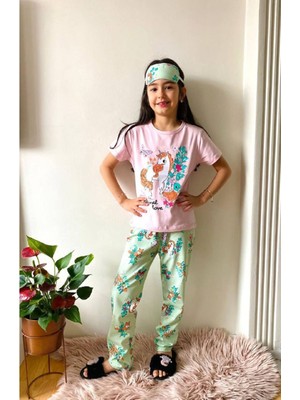 Unicorn Desenli Pembe Kız Çocuk Kısa Kol Pijama Takımı 4-12 Yaş 542