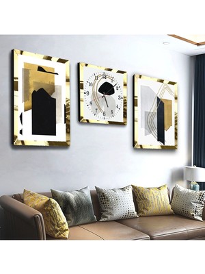 Zevahir Mobilya Dekorasyon Kolaj Çizim Aynalı Gümüş Pleksi Çerçeveli Mdf Tablo Ve Saat Seti