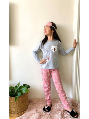 Bear Teddy Desenli Gri Pembe Kız Çocuk Pijama Takımı 4-12 Yaş 557