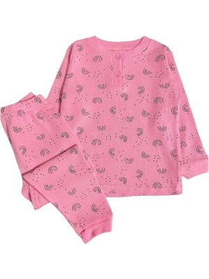 *elmp Pembe %100 Pamuk Waffle Kumaş Çocuk Pijama Takımı 1-9 Yaş 4034