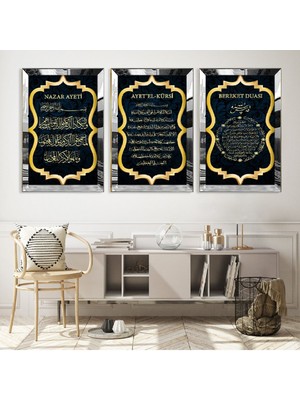 Zevahir Mobilya Dekorasyon Ayetel Kürsi, Nazar Ayeti, Bereket Duası Dini Gold Pleksi Kenar Mdf Tablo