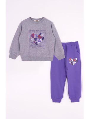 Zepkids Kalp Baskılı Gri Mor Renk Kız Çocuk  Eşofman Takım