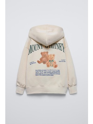 Bej Çocuk Ayıcık Baskılı California Friendly Bear Club Yazılı Kanguru Cepli Oversize Kapüşonlu Sweatshirt