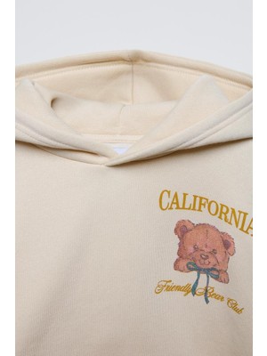 Bej Çocuk Ayıcık Baskılı California Friendly Bear Club Yazılı Kanguru Cepli Oversize Kapüşonlu Sweatshirt