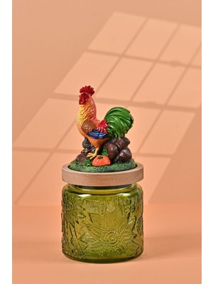 By Uzunoğlu El Yapımı Özel Tasarım Kavanoz - 500 ml - Vakumlu Ahşap Kapaklı (Horoz Detaylı) - Yeşil Çiçekli Yuvarlak Cam - Mutfak ve Ev Dekorasyonu