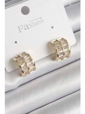 Stillove Pirinç Gold Renk Çift Sıra Zirkon Taşlı Kadın Küpe