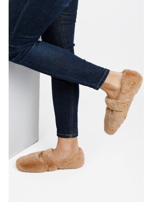 Renkli Butik Bej Ultra Yumuşak Peluş Kadın Ev Babeti  Hafif Taban Panduf