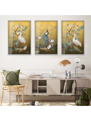 TAVUS KUŞU SOYUT DESEN 3'LÜ METAL ÇERÇEVELİ CAM TABLO SETİ