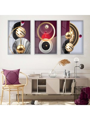 MİNİMALİST SOYUT DESEN 3'LÜ METAL ÇERÇEVELİ CAM TABLO SETİ