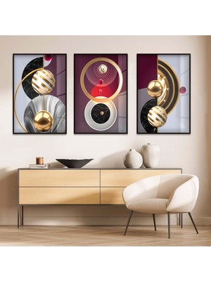 MİNİMALİST SOYUT DESEN 3'LÜ METAL ÇERÇEVELİ CAM TABLO SETİ