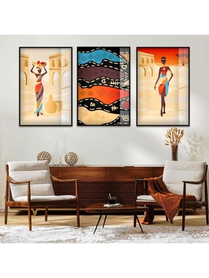 MISIR MEDENİYETİ SOYUT DESEN 3'LÜ METAL ÇERÇEVELİ CAM TABLO SETİ