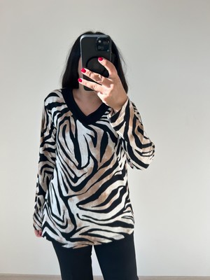 Kadın Büyük Beden Örme Leopar Baskılı BLUZ-BGB77
