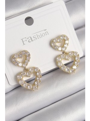 Stillove Pirinç Gold Renk Zirkon Taşlı Sallantı Kalp Model Kadın Küpe
