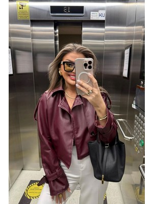Vess Moda Kadın Bordo Kol Kemer Detay Şık Deri Ceket