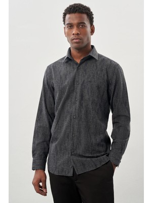 Siyah Uzun Kol Baskılı Bez Ayağı Sert Yaka Cepli Pamuklu Classic Comfort Fit Gömlek 1004245214