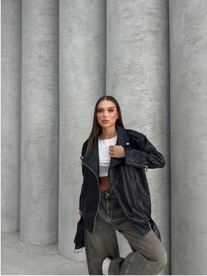 Vess Moda Kadın Oversize Siyah Toka Detaylı Suni Deri Ceket Rahat Günlük Kullanım İçin