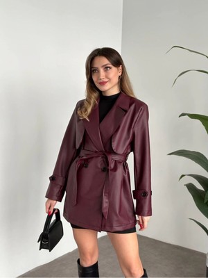 Vess Moda Kadın Bordo Suni Deri Kruvaze Yaka Kısa Trençkot