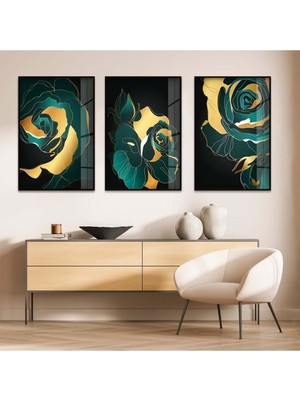 SOYUT DESEN GÜL 3'LÜ METAL ÇERÇEVELİ CAM TABLO SETİ